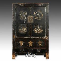 Rare Antique Chinese Qing Dynasty Shanxi Lacquer Gilded Painted Cabinet 18th C