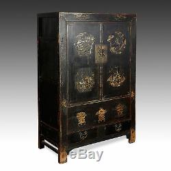 Rare Antique Chinese Qing Dynasty Shanxi Lacquer Gilded Painted Cabinet 18th C