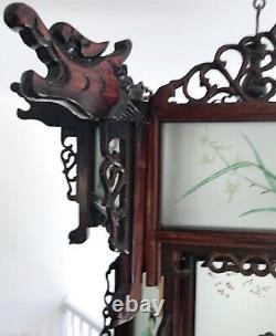 Rare Antique Chinese Zitan Hardwood Reverse Painted Glass Paneled Carved Lantern