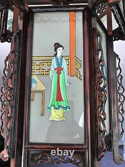 Rare Antique Chinese Zitan Hardwood Reverse Painted Glass Paneled Carved Lantern