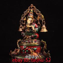 Rare Chinese antiques Tibet temple Pure copper Inlaid gem God of wealth statue