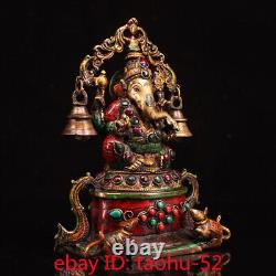 Rare Chinese antiques Tibet temple Pure copper Inlaid gem God of wealth statue