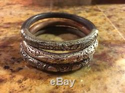 Rare Set Of 3 Antique Chinese Sterling & Rattan Bamboo Wood Bangle Bracelets-nr