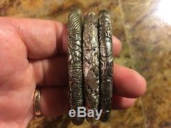Rare Set Of 3 Antique Chinese Sterling & Rattan Bamboo Wood Bangle Bracelets-nr