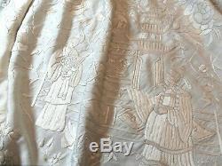 Rare antique Chinese figure embroidered fringed silk piano shawl