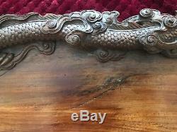 Remarkable ANTIQUE Chinese Wood Tray DRAGON carved Signed 24 by 15