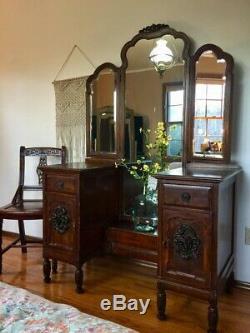 Restored Rare Antique Chinese Imported Vanity with Tri fold Mirror & Ornate Chair