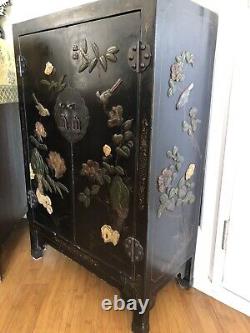 SET OF 2 Matching Antique Asian Chinese Black Lacquer Cabinets Stone Inlay