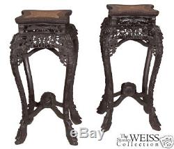 SWC-Pair of Carved Chinese Stands with Marble Insets 1890