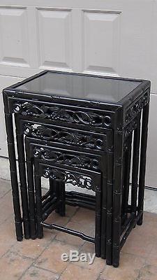 Set Of 4 Antique 19c Chinese Wood Carved Nesting Tables With Glass Top