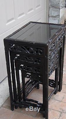 Set Of 4 Antique 19c Chinese Wood Carved Nesting Tables With Glass Top