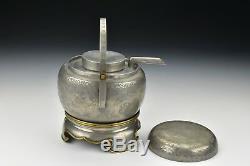 Signed Antique Chinese Paktong Pewter & Brass Teapot on Stand