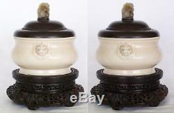 Signed Chinese Dehua Porcelain Censer circa 1640 Jade Top Zitan Cover & Stand