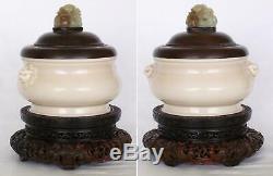 Signed Chinese Dehua Porcelain Censer circa 1640 Jade Top Zitan Cover & Stand