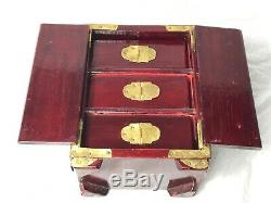 Small Antique Qing Dynasty Chinese Jewellery Box Cabinet Jade Panels Brass Bound