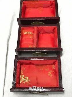 Small Antique Qing Dynasty Chinese Jewellery Box Cabinet Jade Panels Brass Bound