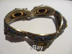 Stunning Antique Chinese Export Sterling Silver Enamel Tiger Eye Link Bracelet-n