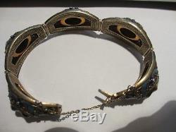 Stunning Antique Chinese Export Sterling Silver Enamel Tiger Eye Link Bracelet-n