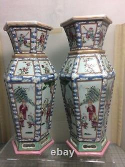 Super rare! A pair of 19th C. Chinese Famille-rose Hexagonal Vase