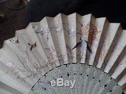 Superb Antique Chinese Filigree Carved Hand Embroidered Silk Scenes Brise Fan