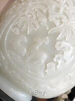 Superb Vintage Chinese White Jade Vase Ring Handles & Cover