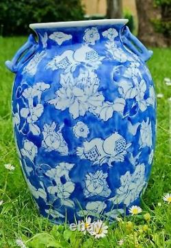 Tall Chinoiserie Vase Blue and White Chinese Porcelain Floral Home Decor Marked