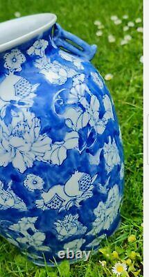 Tall Chinoiserie Vase Blue and White Chinese Porcelain Floral Home Decor Marked