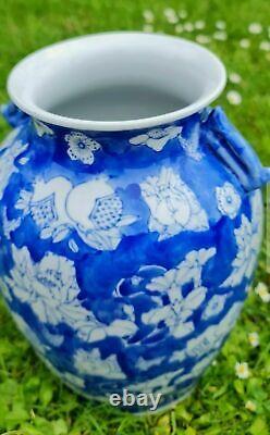 Tall Chinoiserie Vase Blue and White Chinese Porcelain Floral Home Decor Marked