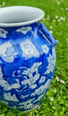 Tall Chinoiserie Vase Blue and White Chinese Porcelain Floral Home Decor Marked