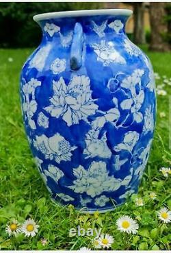 Tall Chinoiserie Vase Blue and White Chinese Porcelain Floral Home Decor Marked