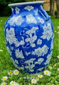 Tall Chinoiserie Vase Blue and White Chinese Porcelain Floral Home Decor Marked