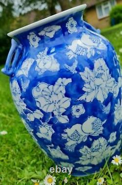 Tall Chinoiserie Vase Blue and White Chinese Porcelain Floral Home Decor Marked