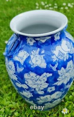 Tall Chinoiserie Vase Blue and White Chinese Porcelain Floral Home Decor Marked