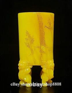 Tianhuang Shoushan Stone Jade Qilin Lion Beast Brush Pot Pencil Vase