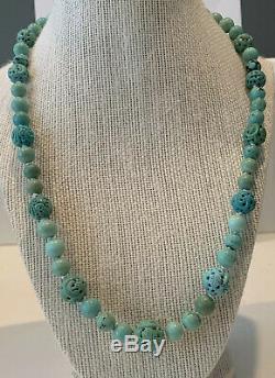 Turquoise Carved Dragon Bead Necklace Vintage Chinese Jewelry Lot