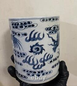 Unusual Antique Chinese Brush Pot With Dragon, Clouds & Character Marks