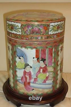 Unusual Vintage Chinese Famille Rose Lidded Canister Jar on a Wood Base