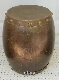 VINTAGE 60's SOLID BRASS CHINESE EXPORT DRUM SIDE TABLE / STOOL