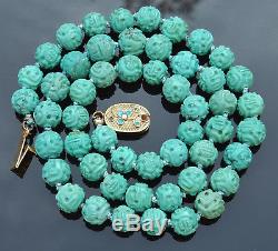VINTAGE CHINESE 30g CARVED TURQUOISE 7-8mm SHOU BEAD NECKLACE 18