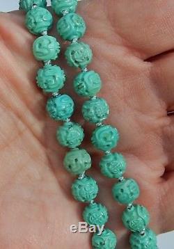 VINTAGE CHINESE 30g CARVED TURQUOISE 7-8mm SHOU BEAD NECKLACE 18