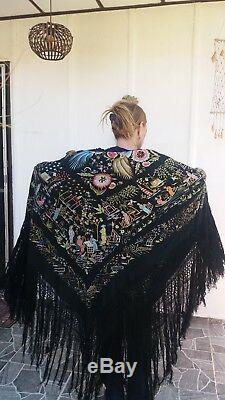VINTAGE CHINESE HEAVY BLACK SILK EMBROIDERED PIANO SHAWL with LONG MACRAME FRINGE