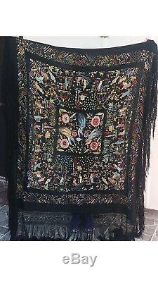 VINTAGE CHINESE HEAVY BLACK SILK EMBROIDERED PIANO SHAWL with LONG MACRAME FRINGE