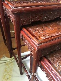 VINTAGE CHINESE NESTING/STACKING TABLES set of 4 carved wood with glass tops