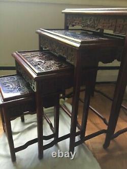 VINTAGE CHINESE NESTING/STACKING TABLES set of 4 carved wood with glass tops
