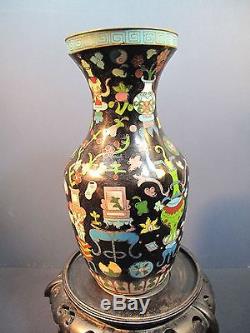 Very Fine Chinese Republic Period Cloisonne Black Noir Vase Mark on Bottom
