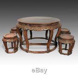 Very Rare Chinese Fine Pair Huanghuali Demilune Tables & Four Stools Hubei China