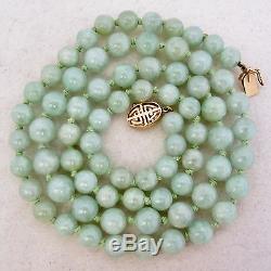 Vintage 26 Chinese Green JADEITE Jade 8.7mm Bead Necklace with 14K Gold Clasp