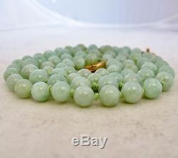 Vintage 26 Chinese Green JADEITE Jade 8.7mm Bead Necklace with 14K Gold Clasp
