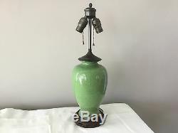 Vintage Asian Oriental Chinese Crackled Glazed Jade Green Vase Porcelain Lamp