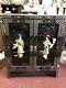 Vintage Black Lacquer Chinese Scholars Cabinet Hand Painted With Asian Designs